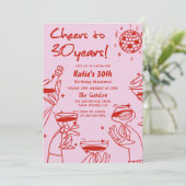 Invitation Rouge rose retro main tiré Funky 30e anniversaire (Debout devant)