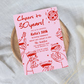 Invitation Rouge rose retro main tiré Funky 30e anniversaire