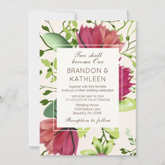 Invitation Rouge rose vert Clover Floral Mariage chrétien (Devant)