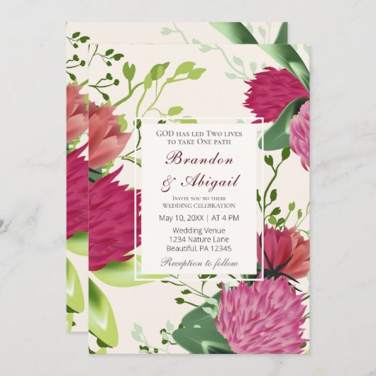 Invitation Rouge rose Vert Clover Floral Mariage chrétien (Devant / Derrière)