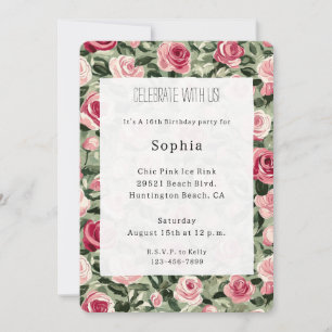 Invitation Rouge rose Vert Rose Floral Anniversaire