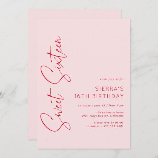 Invitation Rouge rose vif Script doux 16 Anniversaire (Devant / Derrière)