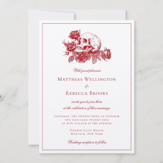 Invitation Rouge Roses Crâne Mariage gothique moderne (Devant)