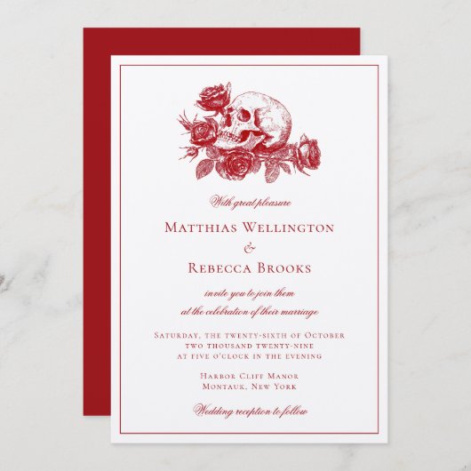 Invitation Rouge Roses Crâne Mariage gothique moderne (Devant / Derrière)