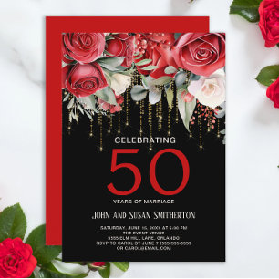 Invitation Rouge Roses Or Chaîne Lumière Noir 50e Anniversair
