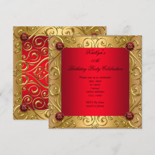 Invitation Rouge Royal Élégant Fête d'Anniversaire Damassé Or