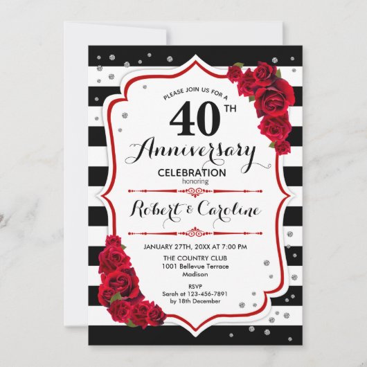 Invitation Rouge Rubis 40e Anniversaire - Rayures Noires Blan (Devant)