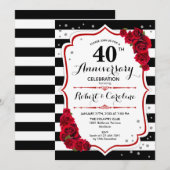 Invitation Rouge Rubis 40e Anniversaire - Rayures Noires et B (Devant / Derrière)