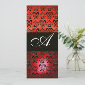 Invitation ROUGE RUBIS ET NOIR DAMAS MONOGRAMME, blanc (Debout devant)