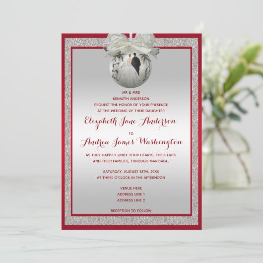Invitation Rouge Ruby Classé & Mariage de Noël Sparkly Bauble (Debout devant)