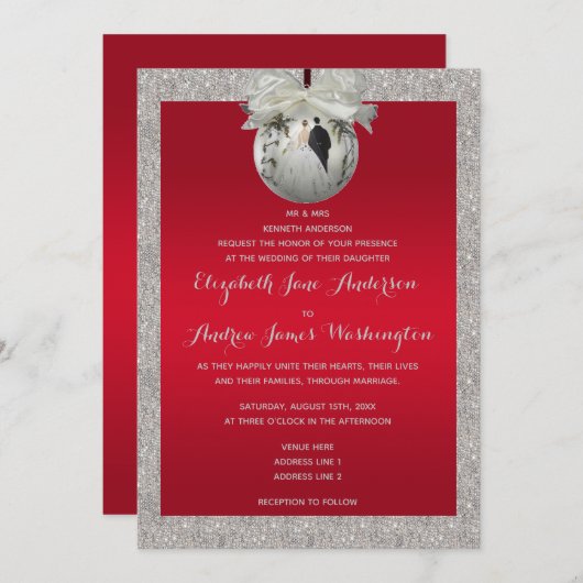 Invitation Rouge Ruby Classé & Mariage de Noël Sparkly Bauble (Devant / Derrière)