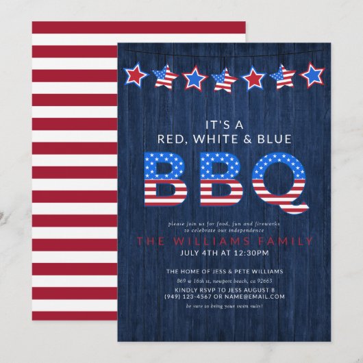Invitation Rouge rustique Blanc & BBQ Bleu 4 juillet bois (Devant / Derrière)