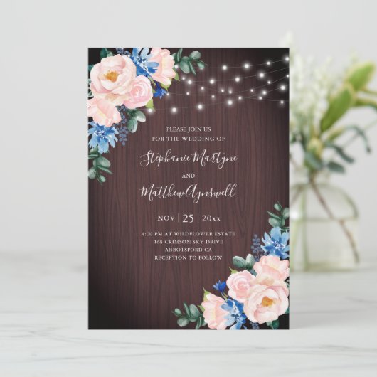 Invitation Rouge Rustique Bleu Chaîne Lumière Mariage en bois (Debout devant)