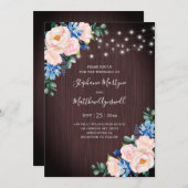 Invitation Rouge Rustique Bleu Chaîne Lumière Mariage en bois (Devant / Derrière)