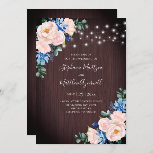 Invitation Rouge Rustique Bleu Chaîne Lumière Mariage en bois (Devant / Derrière)