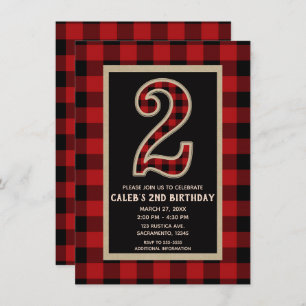 Invitation Rouge rustique Buffle noir Plaid 2e fête d'anniver