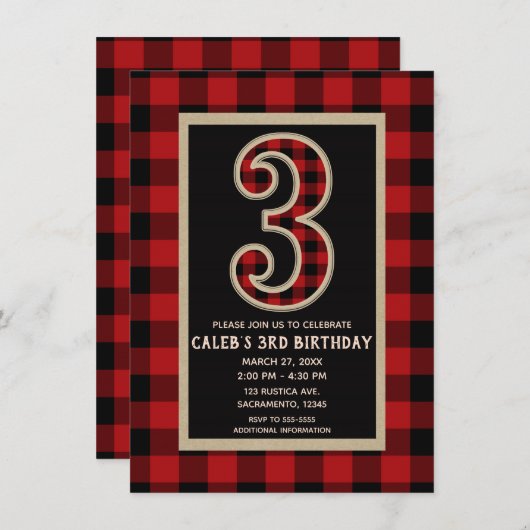 Invitation Rouge rustique Buffle Noir Plaid 3ème fête d'anniv (Devant / Derrière)