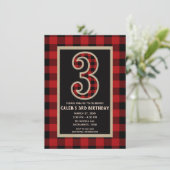 Invitation Rouge rustique Buffle Noir Plaid 3ème fête d'anniv (Debout devant)
