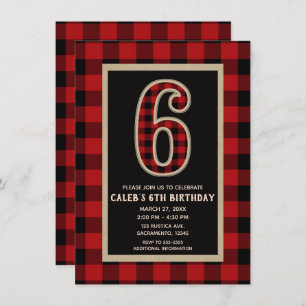 Invitation Rouge rustique Buffle Noir Plaid 6e fête d'anniver
