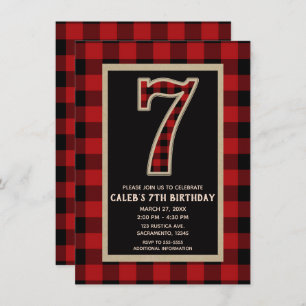 Invitation Rouge rustique Buffle Noir Plaid 7e fête d'anniver