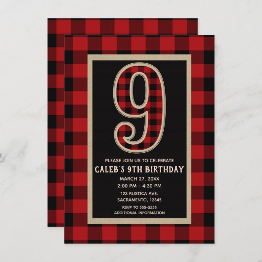 Invitation Rouge rustique Buffle Noir Plaid 9e fête d'anniver (Devant / Derrière)