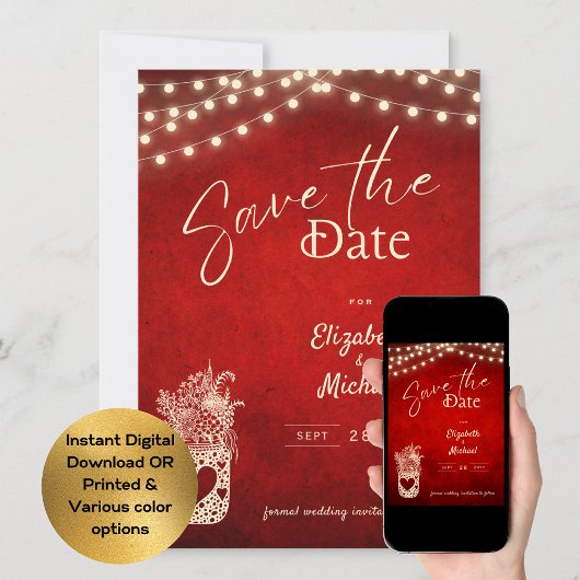Invitation Rouge rustique Mason Jar Enregistrer la date Digit
