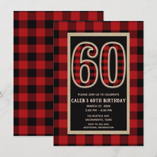 Invitation Rouge Rustique Plaid Buffalo Noir 60e 60 Anniversa (Devant / Derrière)