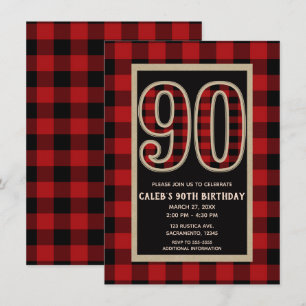 Invitation Rouge Rustique Plaid Buffalo Noir 90ème 90 Anniver