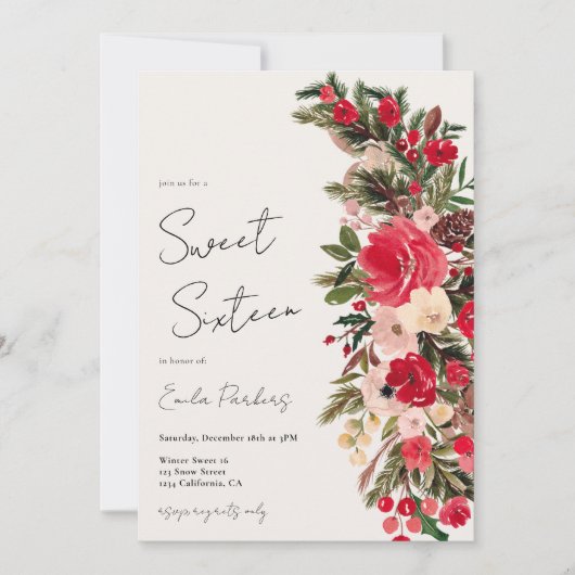 Invitation Rouge rustique vert floral doux hiver 16 (Devant)