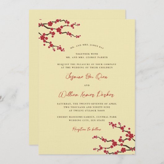 Invitation Rouge Sakura Cherry Blossoms Mariage asiatique mod (Devant / Derrière)