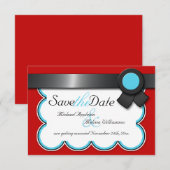 Invitation Rouge & sarcelle, Ruban noir Enregistrez la date (Devant / Derrière)