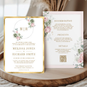 Invitation Rouge Sauge Rose Floral Tout en Un Mariage