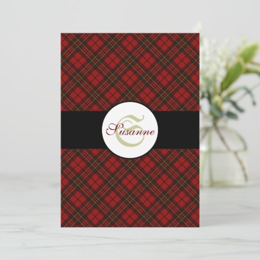 Invitation Rouge tartan Noël plaid hiver motif Monogramme (Debout devant)