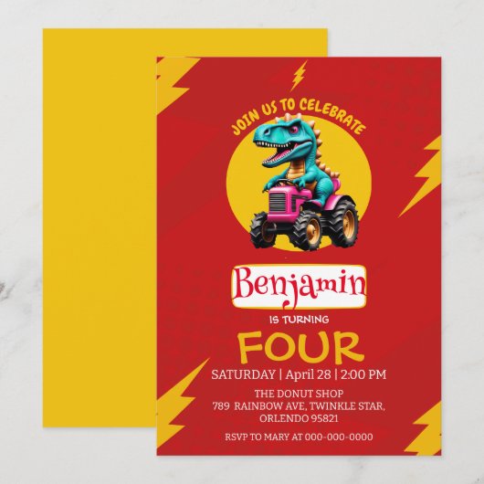 Invitation ROUGE thunder Cute dinosaur Camion agricole Annive (Devant / Derrière)