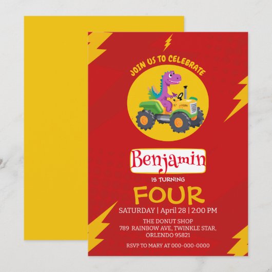 Invitation ROUGE thunder Cute dinosaur camion école Anniversa (Devant / Derrière)