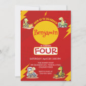 Invitation ROUGE thunder Cute dinosaur tracteur école Anniver (Devant)