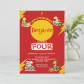 Invitation ROUGE thunder Cute dinosaur tracteur école Anniver (Debout devant)