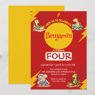 Invitation ROUGE thunder Cute dinosaur tracteur école Anniver