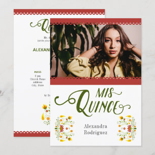 Invitation Rouge traditionnel mexicain Floral Photo Quinceane