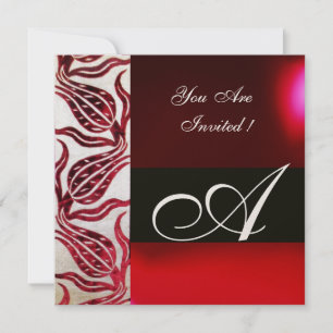 Invitation ROUGE VELVET DAMASK TULIPS MONOGRAMME Or Bourgogne