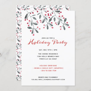 Invitation Rouge & Vert Aquarelle Holly Noël Party