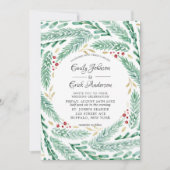 Invitation Rouge vert et Feuille de pin d'or Mariage de Noël (Devant)