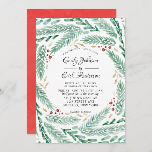 Invitation Rouge vert et Feuille de pin d'or Mariage de Noël (Devant / Derrière)