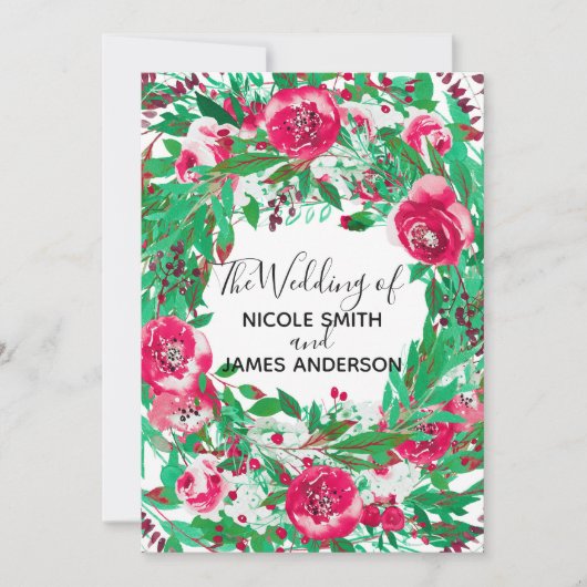 Invitation Rouge Vert Fête Noël Floral Fleurs Mariage (Devant)
