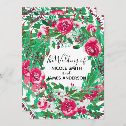 Invitation Rouge Vert Fête Noël Floral Fleurs Mariage (Devant / Derrière)