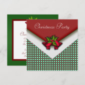 Invitation Rouge Vert Gingham Cloches Rouges Houx Soirée de N (Devant / Derrière)