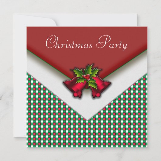 Invitation Rouge Vert Gingham Cloches Rouges Houx Soirée de N (Devant)