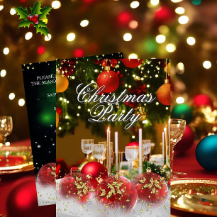 Invitation Rouge Vert Or Boules de Houx Soirée de Noël