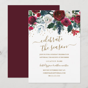 Invitation Rouge Vert Or Bourgogne Floral Noël Fête