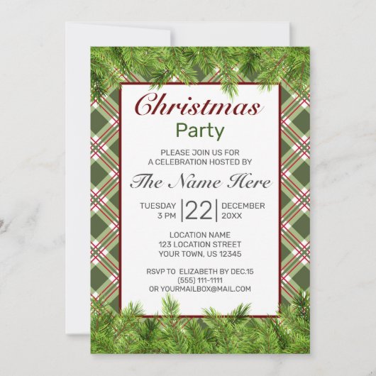 Invitation Rouge vert Pin Plaid Branche Joyeux Noël fête (Devant)